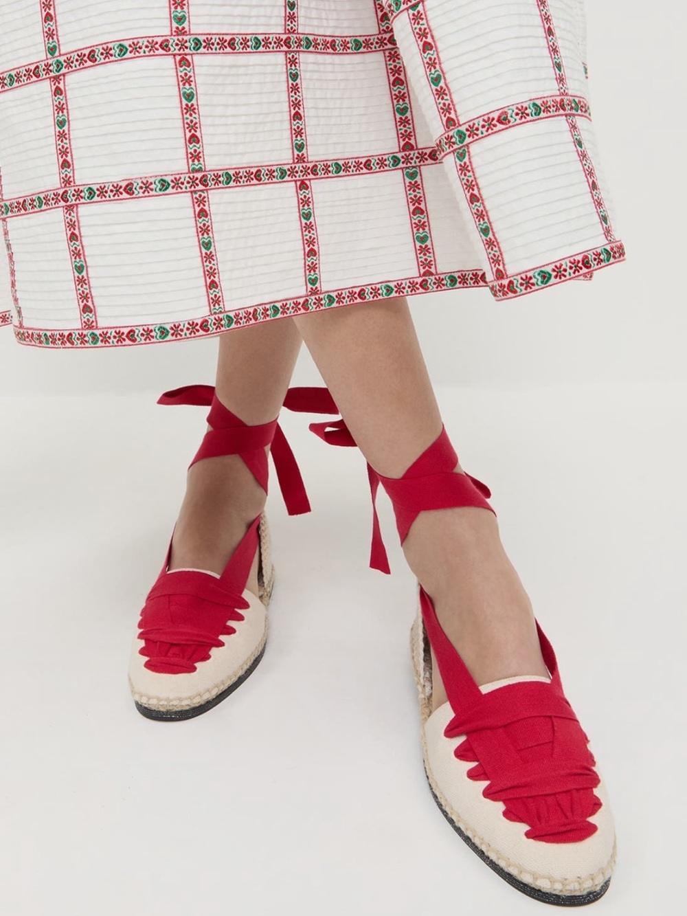 Loeffler Randall Wilson Ankle Wrap Red Lace-Up Natural Canvas Espadrille Flats